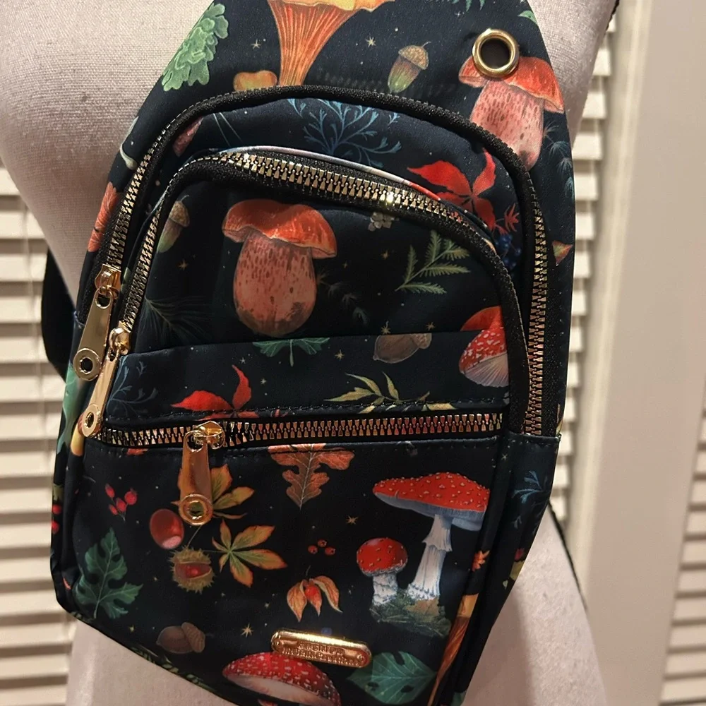 Floral and Mushroom Patterned Black Sling Bag - Picture 2 of 7